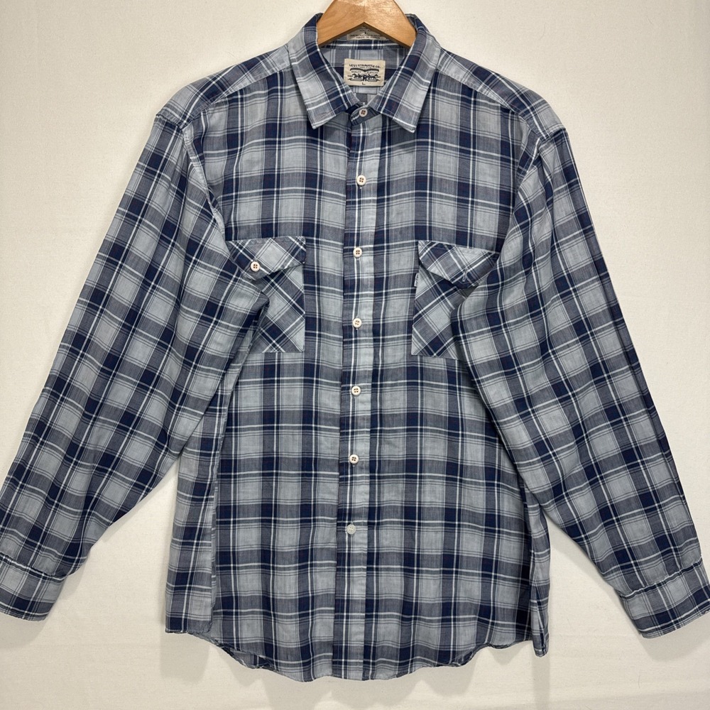 VTG Rare LEVIs Button Dress Shirt sz L Blue Madras Plaid 70 Light Korea Made - Picture 2 of 9